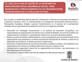 Por su parte, la Unidad Municipal de Atención y Reparación a Víctimas de la Secretaría de Gobierno
y Derechos Humanos, tiene en implementación un componente denominado Reconocimiento y
Participación Ciudadana, dirigido a generar fortalecimiento en el ejercicio de la participación
ciudadana de las organizaciones de población víctima con las siguientes medidas:
• Desarrollar las estrategias concernientes y un proceso de formación sociopolítica con
representantes de organizaciones de víctimas de la ciudad de Medellín con el fin de cualificar los
sujetos políticos y fortalecer su capacidad de incidencia en escenarios de política pública.
• Realizar acciones de diseño, implementación e instrumentalización para la Caracterización de las
organizaciones que pertenecen a la Mesa municipal de Participación de Víctimas a través de un
diagnóstico que evidencie el estado actual de la organización.
• Desarrollo e implementación de escuelas de formación ciudadana y política de la población y las
organizaciones de víctimas con enfoque diferencial. (Jóvenes, mujeres y afro).
• Fortalecimiento organizativo interno de las organizaciones de víctimas que pertenezcan a la
Mesa Municipal de Participación.
• Formulación e implementación del Plan de trabajo de la Mesa de participación.
10. CUÁL ES EL PLAN DE ACCIÓN DE LA SECRETARÍA DE
PARTICIPACIÓN SOCIAL (DESARROLLO SOCIAL) PARA
AVANZAR EN EL FORTALECIMIENTO DE LAS ORGANIZACIONES
REPRESENTANTES DE LA POBLACIÓN VÍCTIMA.
 