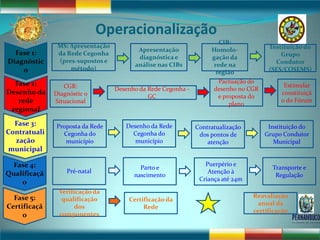 Operacionalização
                                                                      CIB:
               MS: Apresentação                                                        Instituição do
                                         Apresentação              Homolo-
  Fase 1:      da Rede Cegonha                                                             Grupo
                                         diagnóstica e             gação da
Diagnóstic     (pres-supostos e                                                          Condutor
                                        análise nas CIBs            rede na
    o              método)                                                             (SES/COSEMS)
                                                                     região
  Fase 2:                                                             Pactuação do
                 CGR:                                                                       Estimular
                                  Desenho da Rede Cegonha ‐         desenho no CGR
Desenho da    Diagnóstic o                                                                 constituiçã
                                             GC                       e proposta do
   rede       Situacional                                                 plano
                                                                                           o do Fórum
 regional

  Fase 3:      Proposta da Rede      Desenho da Rede          Contratualização         Instituição do
Contratuali      Cegonha do            Cegonha do              dos pontos de          Grupo Condutor
  zação           município             município                 atenção                Municipal
municipal

  Fase 4:                                                        Puerpério e
                                          Parto e                                       Transporte e
Qualificaçã       Pré-natal                                       Atenção à
                                        nascimento                                       Regulação
                                                               Criança até 24m
    o
               Verificação da
  Fase 5:                                                                        Reavaliação
                qualificação          Certificação da
                                                                                   anual da
Certificaçã          dos                   Rede
                                                                                 certificação
     o         componentes
 