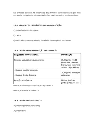 sua profissão, ajudando na preservação do patrimônio, sendo responsável pelo mau
uso; Acatar e respeitar as rotinas estabelecidas; e executar outras tarefas correlatas.
2.6.2. REQUISITOS ESPECÍFICOS PARA CONTRATAÇÃO:
a) Ensino fundamental completo
b) CNH D
c) Certificado do curso de condutor de veículos de emergência pelo Detran.
2.6.3. CRITÉRIOS DE PONTUAÇÃO PARA SELEÇÃO
REQUISITO PROFISSIONAL PONTUAÇÃO
Curso de graduação em qualquer área 30,00 pontos (15,00
pontos se o candidato
tiver cursado no mínimo
50% da carga horária)
- Curso de condutor socorrista
- Curso de direção defensiva
30,00 (15,00 pontos por
cada curso)
Experiência Profissional Máximo de 40,00
pontos (10,00 por ano)
Pontuação mínima para classificação: 40,0 PONTOS
Pontuação Máxima: 100 PONTOS
2.6.4. CRITÉRIO DE DESEMPATE
1º) maior experiência profissional;
2º) maior idade.
 