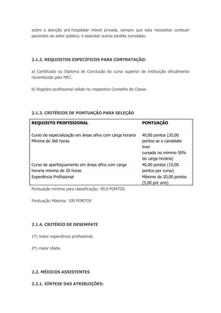 sobre a atenção pré-hospitalar móvel privada, sempre que esta necessitar conduzir
pacientes ao setor público; e executar outras tarefas correlatas.
2.1.2. REQUISITOS ESPECÍFICOS PARA CONTRATAÇÃO:
a) Certificado ou Diploma de Conclusão do curso superior de instituição oficialmente
reconhecida pelo MEC.
b) Registro profissional válido no respectivo Conselho de Classe.
2.1.3. CRITÉRIOS DE PONTUAÇÃO PARA SELEÇÃO
REQUISITO PROFISSIONAL PONTUAÇÃO
Curso de especialização em áreas afins com carga horaria
Mínima de 360 horas
40,00 pontos (20,00
pontos se o candidato
tiver
cursado no mínimo 50%
da carga horária)
Curso de aperfeiçoamento em áreas afins com carga
horaria mínima de 20 horas
40,00 pontos (10,00
pontos por curso)
Experiência Profissional Máximo de 20,00 pontos
(5,00 por ano)
Pontuação mínima para classificação: 40,0 PONTOS
Pontuação Máxima: 100 PONTOS
2.1.4. CRITÉRIO DE DESEMPATE
1º) maior experiência profissional;
2º) maior idade.
2.2. MÉDICOS ASSISTENTES
2.2.1. SÍNTESE DAS ATRIBUIÇÕES:
 