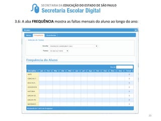 20
3.6: A aba FREQUÊNCIA mostra as faltas mensais do aluno ao longo do ano:
 