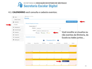 30
4.1: CALENDÁRIO você consulta e cadastra eventos:
Você escolhe se visualiza ou
não eventos da Diretoria, da
Escola ou todos juntos...
 