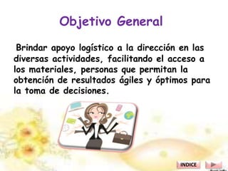Objetivo General
Brindar apoyo logístico a la dirección en las
diversas actividades, facilitando el acceso a
los materiales, personas que permitan la
obtención de resultados ágiles y óptimos para
la toma de decisiones.
INDICE
 
