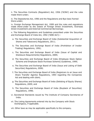 3
ii. The Securities Contracts (Regulation) Act, 1956 (‘SCRA’) and the rules
made there-under;
iii. The Depositories Act, 1996 and the Regulations and Bye-laws framed
there-under;
iv. Foreign Exchange Management Act, 1999 and the rules and regulations
made there-under to the extent of Foreign Direct Investment, Overseas
Direct Investment and External Commercial Borrowings;
v. The following Regulations and Guidelines prescribed under the Securities
and Exchange Board of India Act, 1992 (‘SEBI Act’):-
a. The Securities and Exchange Board of India (Substantial Acquisition of
Shares and Takeovers) Regulations, 2011;
b. The Securities and Exchange Board of India (Prohibition of Insider
Trading) Regulations, 1992;
c. The Securities and Exchange Board of India (Issue of Capital and
Disclosure Requirements) Regulations, 2009;
d. The Securities and Exchange Board of India (Employee Stock Option
Scheme and Employee Stock Purchase Scheme) Guidelines, 1999;
e. The Securities and Exchange Board of India (Issue and Listing of Debt
Securities) Regulations, 2008;
f. The Securities and Exchange Board of India (Registrars to an Issue and
Share Transfer Agents) Regulations, 1993 regarding the Companies
Act and dealing with client;
g. The Securities and Exchange Board of India (Delisting of Equity Shares)
Regulations, 2009; and
h. The Securities and Exchange Board of India (Buyback of Securities)
Regulations, 1998;
vi. Secretarial Standards issued by The Institute of Company Secretaries of
India.
vii. The Listing Agreements entered into by the Company with Stock
Exchange(s), if applicable.
viii. Other laws as may be applicable specifically to the company.
 
