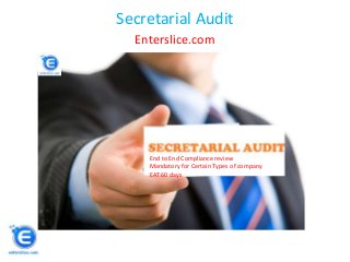 Secretarial Audit
Enterslice.com
End to End Compliance review
Mandatory for Certain Types of company
EAT 60 days
 