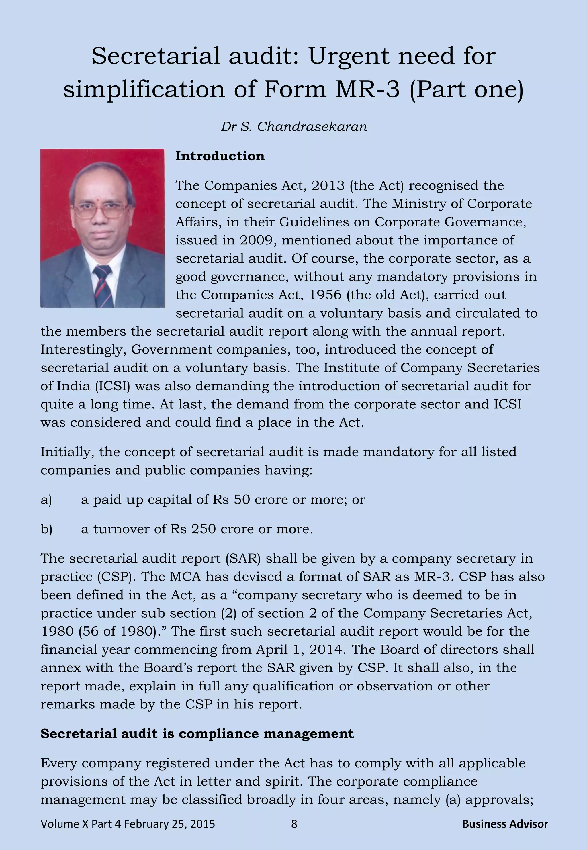 Secretarial audit - Urgent need for simplification of Form MR-3 (Part ...