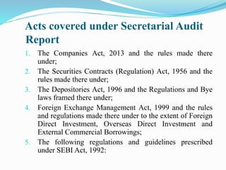 Acts covered under Secretarial Audit
Report
1. The Companies Act, 2013 and the rules made there
under;
2. The Securities Contracts (Regulation) Act, 1956 and the
rules made there under;
3. The Depositories Act, 1996 and the Regulations and Bye
laws framed there under;
4. Foreign Exchange Management Act, 1999 and the rules
and regulations made there under to the extent of Foreign
Direct Investment, Overseas Direct Investment and
External Commercial Borrowings;
5. The following regulations and guidelines prescribed
under SEBI Act, 1992:
 