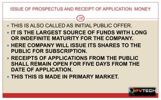 ISSUE OF PROSPECTUS AND RECEIPT OF APPLICATION MONEY

                          28

 THIS IS ALSO CALLED AS INITIAL PUBLIC OFFER.
 IT IS THE LARGEST SOURCE OF FUNDS WITH LONG
  OR INDEFINITE MATURITY FOR THE COMPANY.
 HERE COMPANY WILL ISSUE ITS SHARES TO THE
  PUBLIC FOR SUBSCRIPTION.
 RECEIPTS OF APPLICATIONS FROM THE PUBLIC
  SHALL REMAIN OPEN FOR FIVE DAYS FROM THE
  DATE OF APPLICATION.
 THIS THIS IS MADE IN PRIMARY MARKET.
 