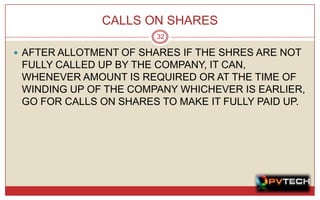CALLS ON SHARES
                       32

 AFTER ALLOTMENT OF SHARES IF THE SHRES ARE NOT
 FULLY CALLED UP BY THE COMPANY, IT CAN,
 WHENEVER AMOUNT IS REQUIRED OR AT THE TIME OF
 WINDING UP OF THE COMPANY WHICHEVER IS EARLIER,
 GO FOR CALLS ON SHARES TO MAKE IT FULLY PAID UP.
 