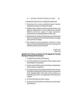 SS - 1 – SECRETARIAL STANDARD ON MEETINGS OF THE BODs 31
• Details of any joint venture or collaboration agreement.
• Transactions that involve substantial payment towards
goodwill, brand equity, or intellectual property.
• Significant labour problems and their proposed solutions. Any
significant development in Human Resources/ Industrial
Relations front like signing of wage agreement,
implementation of Voluntary Retirement Scheme etc.
• Quarterly details of foreign exchange exposures and the steps
taken by management to limit the risks of adverse exchange
rate movement, if material.
• Non-compliance of any regulatory, statutory or listing
requirements and shareholder services such as non-payment
of dividend, delay in share transfer etc.
Annexure ‘B’
(Para 1.3.8)
Illustrative list of items of business for the Agenda for the First
Meeting of the Board of the Company
1. To appoint the Chairman of the Meeting.
2. To note the Certificate of Incorporation of the company, issued
by the Registrar of Companies.
3. To take note of the Memorandum and Articles of Association
of the company, as registered.
4. To note the situation of the Registered Office of the company
and ratify the registered document of the title of the premises
of the registered office in the name of the company or a
Notarised copy of lease / rent agreement in the name of the
company.
5. To note the first Directors of the company.
6. To read and record the Notices of disclosure of interest given
by the Directors.
 