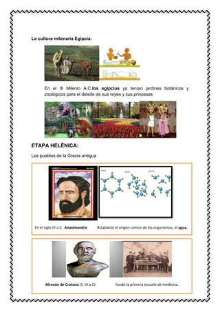 La cultura milenaria Egipcia:
En el III Milenio A.C.los egipcios ya tenían jardines botánicos y
zoológicos para el deleite de sus reyes y sus princesas
ETAPA HELÉNICA:
Los pueblos de la Grecia antigua
En el siglo IV a.C Anaximandro Estableció el origen común de los organismos, el agua.
Alcneón de Crotona (S. VI a.C) fundó la primera escuela de medicina.
 