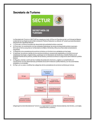 Secretaría de Turismo
La Secretaría de Turismo o SECTUR fue creada en el año 1976 en la Presidencia de Luis Echeverría Álvarez
y además la Ley Orgánica de la Administración Pública Federal en su Artículo 42° prevé que esta Secretaría
despache las siguientes labores:
 1) Formular y conducir la política de desarrollo de la actividad turística nacional.
 2) Promover, en coordinación con las entidades federativas,las zonas de desarrollo turístico nacional y
formular en forma conjunta con la Secretaría de Medio Ambiente y Recursos Naturales la declaratoria
respectiva.
 3) Registrar a los prestadores de servicios turísticos,en los términos señalados por las leyes.
 4) Autorizar los precios y tarifas de los servicios turísticos,previamente registrados,en los términos que
establezcan las leyes y reglamentos;y participar con la Secretaría de Hacienda y Crédito Público en el
establecimiento de los precios y tarifas de los bienes y servicios turísticos a cargo de la administración pública
federal.
 5) Regular,orientar y estimular las medidas de protección al turismo,y vigilar su cumplimiento,en
coordinación con las dependencias yentidades de la administración pública federal y con las autoridades
estatales y municipales.
 6) Fijar y en su caso,modificar las categorías de los prestadores de servicios turísticos por ramas.
(Organigrama de la Secretaría de Turismo;su organización es de tres Subsecretarías,tres fondos,y consejos,
corporaciones y centros)
 