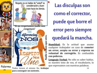U D
H
Palermo 10
“Si no respetamos nadie nos
respetará”
Nadieesmásqueotro.
Noexistediscriminaciones
Todos tienen el mismo fin, trabajar
para conseguir un sustento.
Paciencia: Trae algunas dificultades si no
se le sabe manejar adecuadamente, emite
una imagen incorrecta, lo que se espera
es que tenga más discreción y
organización y no precisamente dejarse
llevar por las circunstancias.
Humildad: Es la actitud que asume
cualquier trabajador en caso de cometer
un error, acepta su error y expresa su
voluntad de corregirlo. Es confundida
con pobreza.
Lenguaje Verbal: No sólo es saber hablar,
es nuestro tono de voz, el vocabulario, lo
que expresamos con nuestras palabras.
 