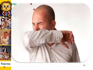 U D
H
Palermo 20
Tips generales:
 No debemos colocar el cuchillo en nuestra boca, (posibilidad de
cortarnos y es muy mal visto). Tampoco señalar a las persona.
 Si se cae comida al piso no debemos recogerla, (hacérselo saber al
mesero para evitar un accidente).
 Si nos sirven una sopa, primero tomamos todo el líquido y al final
comemos el pollo o carne.
 No hay que empinar botellas ni vasos con el fin de tomar hasta la última
gota.
 Cuando se anuncia que la comida esta ya servida es descortés hacer
esperar.
 Cuando somos víctimas de un ataque repentinos de tos, debemos volver la
cabeza al lado y cubrirnos con un pañuelo o servilleta desechable.
 