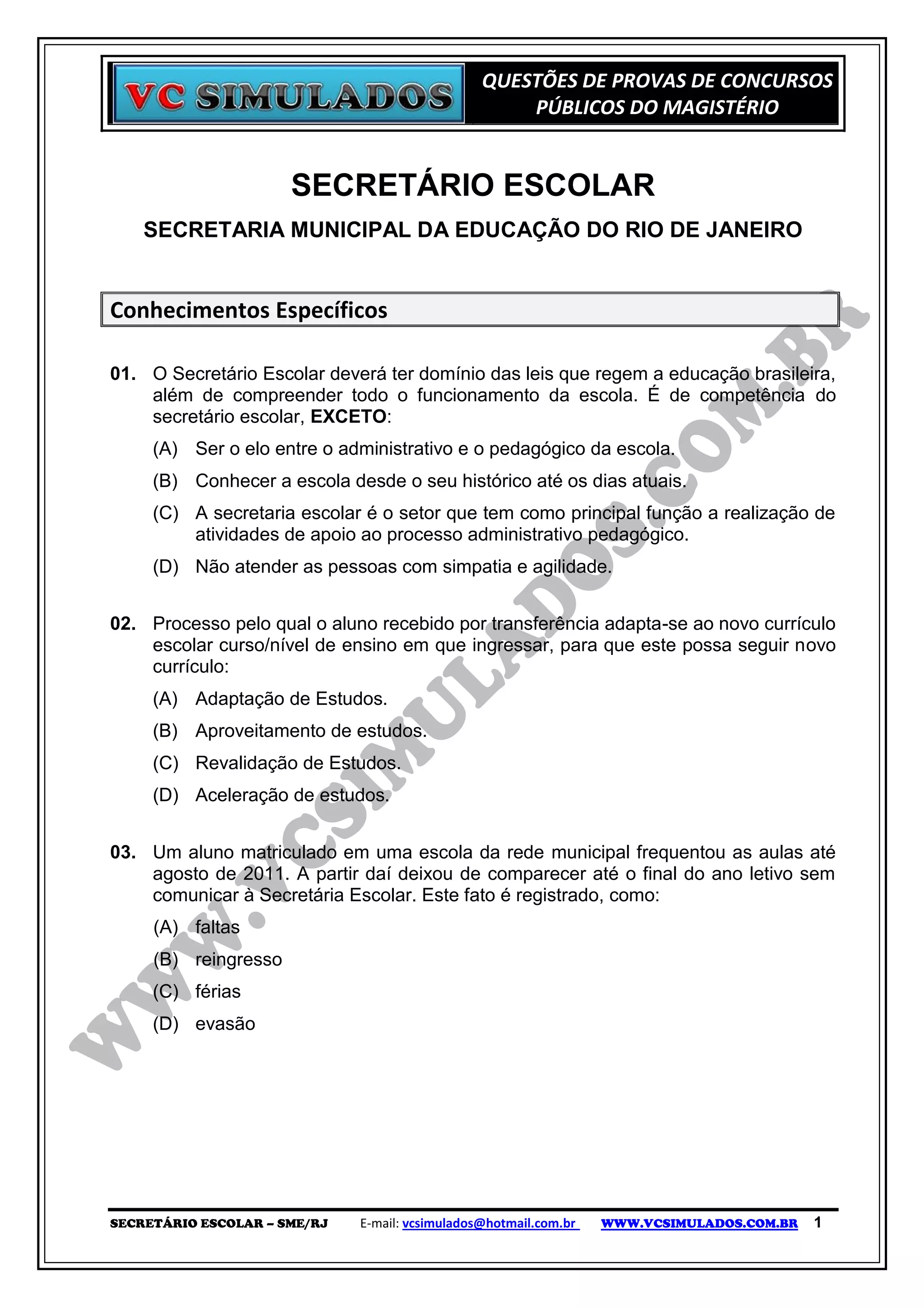 SECRETÁRIO ESCOLAR - SME/RJ - SIMULADO DIGITAL PARA CONCURSOS PÚBLICOS ...