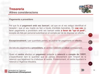 12
Tresoreria
Altres consideracions
Pagaments a proveïdors
Pel que fa al pagament amb xec bancari, cal que en el xec estigui identificat el
receptor i que el seu ingrés es faci a través d’entitats bancàries. En cap cas es
faran pagaments a proveïdors amb xec bancari estès a favor de “qui el porti”,
excepte els fets per personal autoritzat en el compte per tal de disposar en efectiu.
Excepcionalment, i per quantitats petites, es podran fer pagaments en efectiu.
De tots els pagaments a proveïdors, el centre n’obtindrà el rebut corresponent.
Quan el centre efectua un pagament subjecte a retenció a compte de l’IRPF,
s’especificaran tant la quantitat que es percep directament com l’import de la
retenció que legalment ha d’efectuar el centre. Posteriorment, el centre liquidarà la
retenció a l’Agència tributària.
 