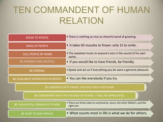 TEN COMMANDENT OF HUMAN
        RELATION
        SPEAK TO PEOPLE                • There is nothing as nice as cheerful word of greeting.

         SMILE AT PEOPLE               • It takes 65 muscles to frown: only 15 to smile.

      CALL PEOPLE BY NAME              • The sweetest music to anyone’s ears is the sound of his own
                                         name.
    BE FRIENDLY AND HELPFUL            • If you would like to have friends, be friendly.

           BE CORDIAL                  • Speak and act as if everything you do were a genuine pleasure.

BE GENUINELY INTERESTED IN PEOPLE      • You can like everybody if you try.

                        BE GENEROUS WITH PRAISE; CAUTIOUS WITH CRITICISMS.

              BE CONSIDERATE WITH THE FEELINGS OF OTHERS. IT WILL BE APPRECIATED.

                                       • There are three-sides to controversy: yours, the other fellow’s, and the
 BE THOUGHTFUL OPINION OF OTHERS         right one.

     BE ALERT TO GIVE SERVICE          • What counts most in life is what we do for others.
 