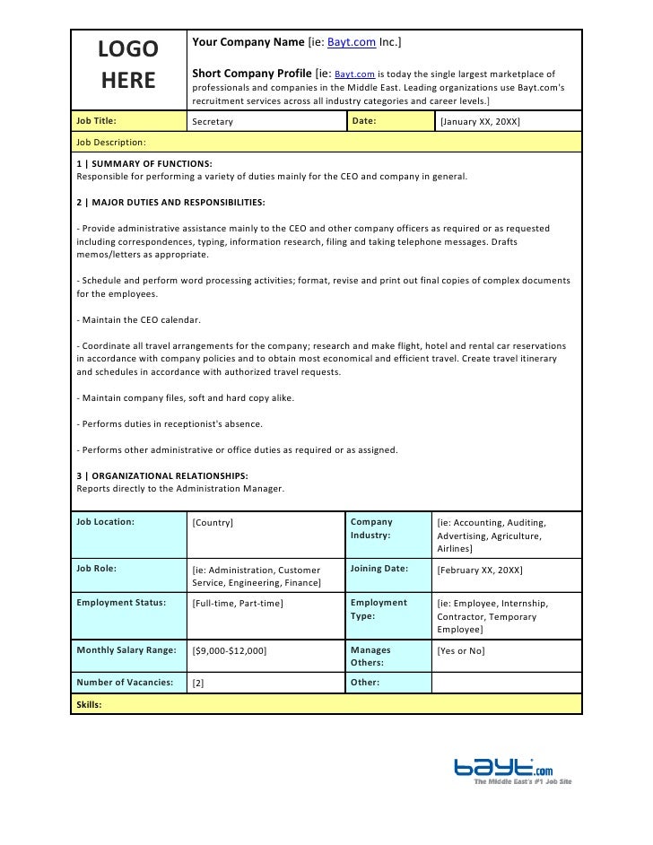 secretary job description template by bayt com