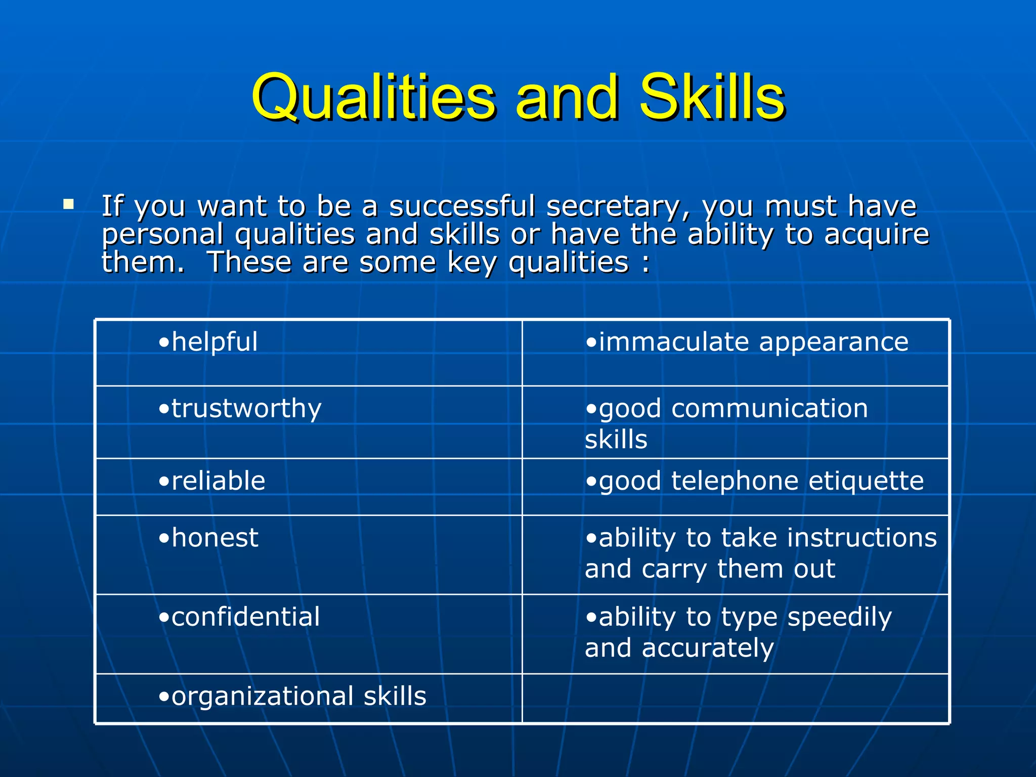 Qualities and Skills If you want to be a successful secretary, you must have personal qualities and skills or have the ability to acquire them.  These are some key qualities : organizational skills  ability to type speedily and accurately confidential  ability to take instructions and carry them out  honest  good telephone etiquette  reliable  good communication skills  trustworthy  immaculate appearance helpful 