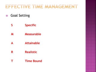  Goal Setting
S Specific
M Measurable
A Attainable
R Realistic
T Time Bound
 