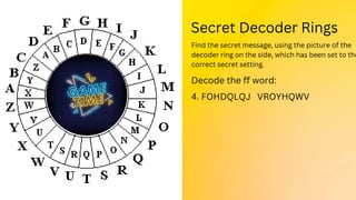 Secret Decoder Rings
Find the secret message, using the picture of the
decoder ring on the side, which has been set to the
correct secret setting.
Decode the ff word:
4. FOHDQLQJ VROYHQWV
 