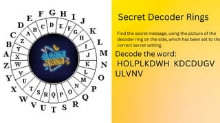 Secret Decoder Rings
Find the secret message, using the picture of the
decoder ring on the side, which has been set to the
correct secret setting.
Decode the word:
HOLPLKDWH KDCDUGV
ULVNV
 