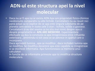 ADN-ul este structura apei la nivel
              molecular
• Daca nu ar fi apa nu ar exista ADN.Apa are proprietati fizico-chimice
  neobisnuite comparativ cu alte lichide. Cercetatorii nu au reusit nici
  pana astazi sa isi explice de ce apa este singura substanta de pe
  planeta care exista in toate cele 3 stari : lichida, solida si gazoasa.
  Cercetatorii si-au dat seama ca nu stiu mai nimic despre apa si
  despre proprietatile ei. APA ARE MEMORIE. Experimentele
  efectuate au dus la concluzia ca apa inregistreaza orice influenta
  exterioara , amintindu-si tot ceea ce se petrece in spatiul care o
  inconjoara.
  Daca aprindeti lumina , apa se modifica , daca inchideti lumina apa
  se modifica. Se modifica deoarece apa este capabila sa inregistreze
  si sa stocheze informatia. Apa functioneaza ca memoria unui
  calculator.
  In functie de ce informatie primeste apa isi modifica structura
  moleculara.
 