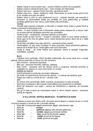 - Galben roşcat în aură şi părul roşu – oameni iritabili şi extrem de susceptibili;
- Galben puternic colorat de tente roşii – mare complex de inferioritate;
- Galben spre brun – gânduri foarte necurate, uşurinţă de spirit;
- Galben-roşu-brun - beţivi, vagabonzi, rataţi. Dacă apare şi verde murdar atunci sunt
şi răi. Aceştia sunt greu de salvat.
- Galben striat cu brun în care predomină brunul – maladie mentală. (de exemplu o
persoană cu personalitate dublă are jumătate din aură galben-bleu şi cealaltă
jumătate galben-brun sau verzui, culori foarte urât combinate).
VERDE
Verdele este culoarea vindecării, a informării, a creşterii fizice. Este o culoare bună şi
indică o persoană fundamental bună.
- Verde – în aura medicilor sau a infirmierilor dotaţi pentru meseria lor, a tuturor celor
ce se preocupă de sănătatea oamenilor sau animalelor;
- Verde şi roşu – competenţă, culoarea medicilor şi chirurgilor;
- Verde însoţit de bleu frumos – reuşită în cercetare. Apare în aura marilor profesori.
Dacă apar şi linii fine de galben auriu indică devoţiunea pentru elevii săi şi o înaltă
spiritualitate;
- Verde-bleu ciel-gălbui (sau bleu electric) – persoană perfect onestă;
- Verde-galben nu poţi avea încredere în acea persoană. Dacă predomină galbenul,
trebuie să te fereşti de ea. Verde-gălbui este aura escrocilor;
- Verde în obraji – de evitat fiindcă sunt persoane cărora le lipseşte imaginaţia,
subtilitatea, nuanţele.
BLEU
Culoarea lumii spirituale, indică facultăţi intelectuale, dar numai dacă are o nuanţă
plăcută. Etericul este bleu ca fumul unui foc de lemne.
- Bleu luminos – persoană viguroasă;
- Bleu pal – persoane timorate, indecise, veleitare;
- Bleu închis – persoane care fac eforturi pentru a progresa, dedicate sarcinilor şi
obligaţiilor lor; apare şi în aura misionarilor cu vocaţie;
INDIGO ŞI VIOLET
- Indică persoane cu profunde convingeri religioase;
- De multe ori indică boli de inimă sau de stomac – nu trebuie să mănânce gras;
- Indigo sau violet cu o tentă de roz – caracter urât;
GRI
Nu indică nimic semnificativ decât, eventual, că persoana nu este evoluată.
- Dacă griul invadează o altă culoare indică slăbiciunea caracterului şi sănătăţii.
- Benzi gri deasupra unui organ – pericol de îmbolnăvire a organului, de consultat
medicul;
- Nor gri în halo şi benzi gri traversează haloul în ritmul mişcării capului – persoana
suferă de migrene.
A VI-a LECŢIE / NOTELE MUZICALE – PLANETELE ŞI AURA
Vederea şi auzul sunt strâns unite. Se poate spune despre o culoare că are un sunet
muzical şi despre un sunet că are o anumită culoare.
• Notei do îi corespunde roşul fundamental. Marte este planeta roşie.
• Notei re „ oranjul;
• Notei mi „ galbenul; Mercur este planeta galbenului;
• Notei fa „ verdele; Saturn guvernează verdele;
• Notei sol „ bleu, guvernat de planeta Jupiter;
• Notei la „ indigo, guvernat de Venus;
• Notei si „ violet, guvernat de Lună
7
 