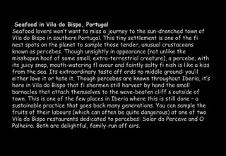 Seafood in Vila do Bispo, Portugal 
Seafood lovers won’t want to miss a journey to the sun-drenched town of 
Vila do Bispo in southern Portugal. This tiny settlement is one of the fi 
nest spots on the planet to sample those tender, unusual crustaceans 
known as percebes. Though unsightly in appearance (not unlike the 
misshapen hoof of some small, extra-terrestrial creature), a percebe, with 
its juicy snap, mouth-watering fl avour and faintly salty fi nish is like a kiss 
from the sea. Its extraordinary taste aff ords no middle ground: you’ll 
either love it or hate it. Though percebes are known throughout Iberia, it’s 
here in Vila do Bispo that fi shermen still harvest by hand the small 
barnacles that attach themselves to the wave-beaten cliff s outside of 
town. This is one of the few places in Iberia where this is still done – a 
sustainable practice that goes back many generations. You can sample the 
fruits of their labours (which can often be quite dangerous) at one of two 
Vila do Bispo restaurants dedicated to percebes: Solar do Perceve and O 
Palheiro. Both are delightful, family-run aff airs. 
 