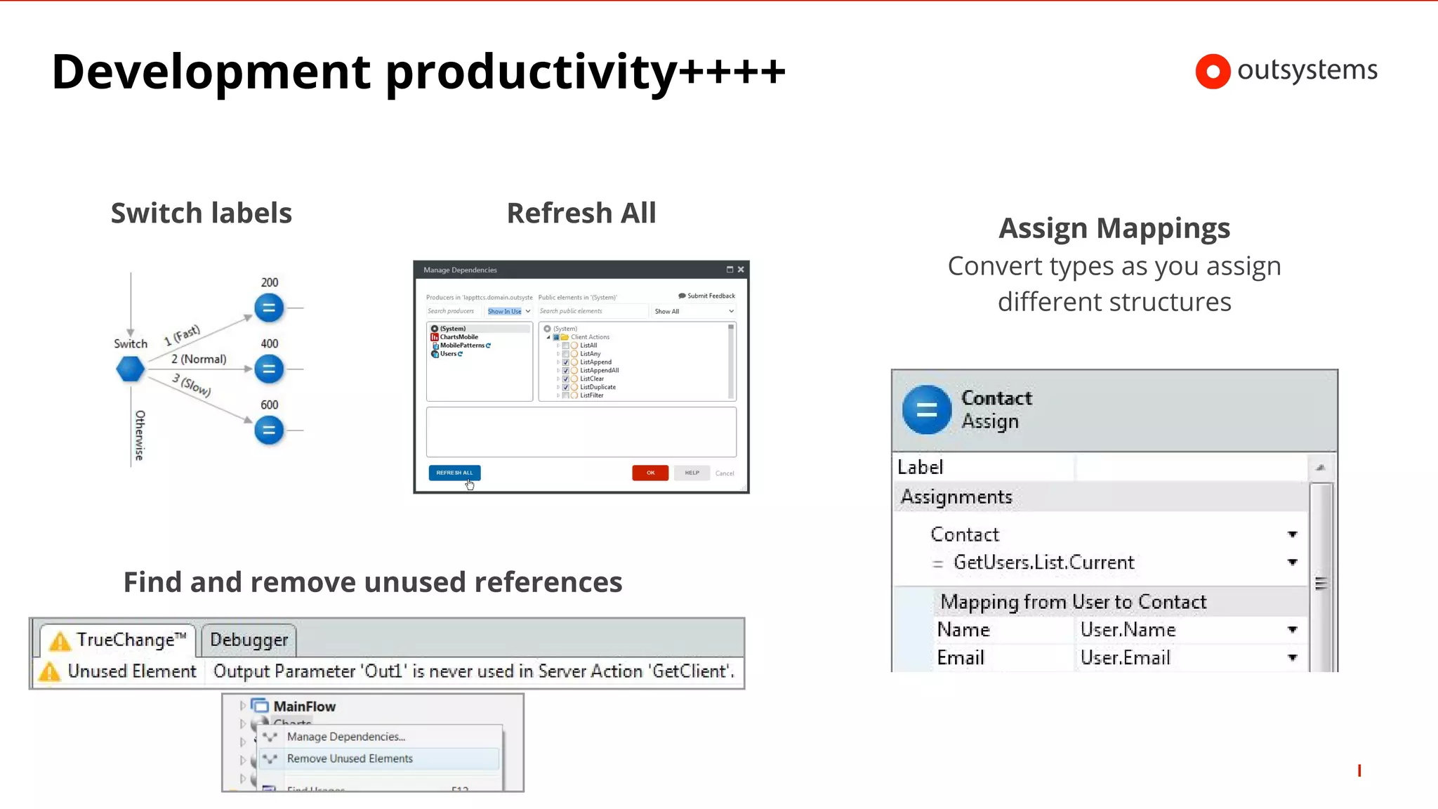 Development productivity++++
Switch labels Refresh All
Find and remove unused references
Assign Mappings
Convert types as you assign
different structures
 