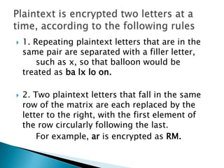  1. Repeating plaintext letters that are in the
same pair are separated with a filler letter,
such as x, so that balloon would be
treated as ba lx lo on.
 2. Two plaintext letters that fall in the same
row of the matrix are each replaced by the
letter to the right, with the first element of
the row circularly following the last.
For example, ar is encrypted as RM.
 