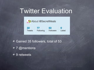 Twitter Evaluation
Gained 35 followers, total of 53
7 @mentions
9 retweets
 