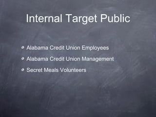Internal Target Public
Alabama Credit Union Employees
Alabama Credit Union Management
Secret Meals Volunteers
 