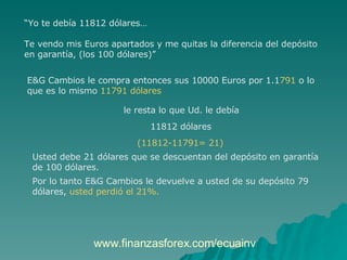 “ Yo te debía 11812 dólares…  Te vendo mis Euros apartados y me quitas la diferencia del depósito  en garantía, (los 100 dólares)”  E&G Cambios le compra entonces sus 10000 Euros por 1.1 791  o lo  que es lo mismo  11791 dólares   le resta lo que Ud. le debía  11812 dólares  (11812-11791= 21)   Usted debe 21 dólares que se descuentan del depósito en garantía  de 100 dólares.  Por lo tanto E&G Cambios le devuelve a usted de su depósito 79  dólares,  usted perdió el 21%. www.finanzasforex.com/ecuainv  