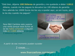“ Está bien, déjame  100 Dólares  de garantía y me quedarás a deber  11812   dólares, cuando me los pagues te devuelvo tus 100 dólares de garantía.  Pero además los 10000 Euros me los voy a quedar aquí, ya son tuyos, pero  te los doy cuando me pagues”. Para E&G Cambios esto supone  una venta porque esos Euros ya  se los  había comprado  a alguien  más  en 11809  dólares  y ya ganó  3 dólares seguros. A partir de ese momento pueden suceder E&G Cambios Se queda con 100 $ en garantía y Ud. le debe 11812 $ Además  le guarda los 10000 Euros 2 cosas…… www.finanzasforex.com/ecuainv 