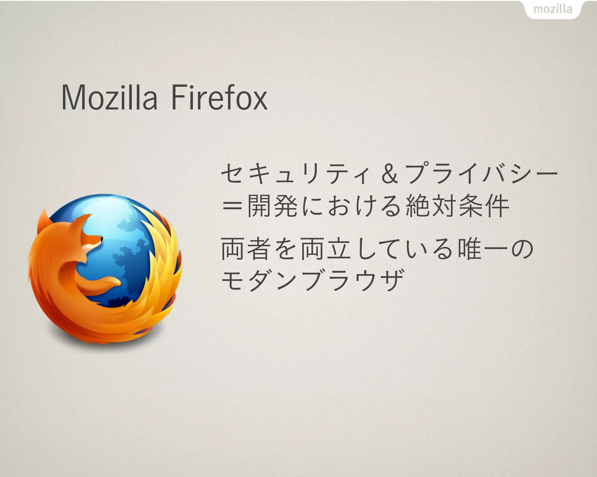 Mozilla Firefox

           セキュリティ＆プライバシー
           ＝開発における絶対条件
           両者を両立している唯一の
           モダンブラウザ
 