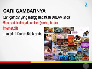 Cari gambar yang menggambarkan DREAM anda
Bisa dari berbagai sumber (koran, brosur
Internet,dll)
Tempel di Dream Book anda

17

 