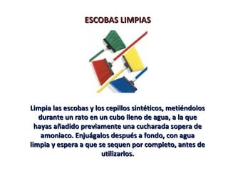 ESCOBAS LIMPIASESCOBAS LIMPIAS
Limpia las escobas y los cepillos sintéticos, metiéndolosLimpia las escobas y los cepillos sintéticos, metiéndolos
durante un rato en un cubo lleno de agua, a la quedurante un rato en un cubo lleno de agua, a la que
hayas añadido previamente una cucharada sopera dehayas añadido previamente una cucharada sopera de
amoniaco. Enjuágalos después a fondo, con aguaamoniaco. Enjuágalos después a fondo, con agua
limpia y espera a que se sequen por completo, antes delimpia y espera a que se sequen por completo, antes de
utilizarlos.utilizarlos.
 