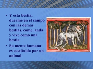 • Y esta bestia, 
duerme en el campo 
con las demás 
bestias, come, anda 
y vive como una 
bestia 
• Su mente humana 
es sustituida por un 
animal 
 