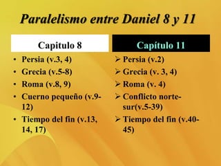 Paralelismo entre Daniel 8 y 11
Capitulo 8
• Persia (v.3, 4)
• Grecia (v.5-8)
• Roma (v.8, 9)
• Cuerno pequeño (v.9-
12)
• Tiempo del fin (v.13,
14, 17)
Capítulo 11
 Persia (v.2)
 Grecia (v. 3, 4)
 Roma (v. 4)
 Conflicto norte-
sur(v.5-39)
 Tiempo del fin (v.40-
45)
 
