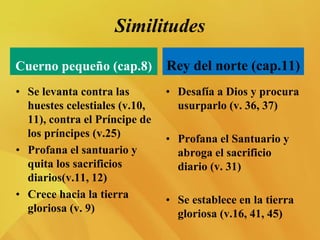 Similitudes
Cuerno pequeño (cap.8)
• Se levanta contra las
huestes celestiales (v.10,
11), contra el Príncipe de
los príncipes (v.25)
• Profana el santuario y
quita los sacrificios
diarios(v.11, 12)
• Crece hacia la tierra
gloriosa (v. 9)
Rey del norte (cap.11)
• Desafía a Dios y procura
usurparlo (v. 36, 37)
• Profana el Santuario y
abroga el sacrificio
diario (v. 31)
• Se establece en la tierra
gloriosa (v.16, 41, 45)
 