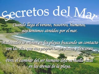 Secretos del Mar Cuando llega el verano, nosotros, humanos,  nos sentimos atraídos por el mar. Multitudes se reúnen en las playas buscando un contacto con las olas que nos proporcionan placer y descanso. Pero, el caminar del ser humano deja su huella fatal  en las arenas de la playa. 