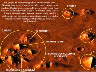 Un grupo de pirámides grandes al oeste de la cara. Observe los cinco columnas en “el centro” exacto de la ciudad. Alguien que está parado a este punto y que mira hacia el este habría visto el sol el levantarse sobre la cara durante el solsticio del verano, demostrando que los edificiosfueron construidos con alineaciones celestiales específicas en la mente, confirmando de nuevo su artificialidad. “ CIUDAD” ROSTRO PIRAMIDE “D&M” “ EL FUERTE” CENTRO CON  5 COLUMNAS ¿PIRAMIDE CON COLUMNAS AL FRENTE? ¿? ¿? 