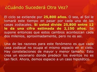 ¿Cuándo Sucederá Otra Vez? 
El ciclo se extiende por 25,800 años. O sea, al Sol le tomará este tiempo en pasar por cada una de las casas zodiacales. Si usted divide 25,800 entre 12 le da una cifra estimada de 2,150 años. Se supone entonces que estos cambios acontezcan cada dos milenios, aproximadamente, pero no es asi. 
Una de las razones para este fenómeno es que cada casa zodiacal no ocupa el mismo espacio en el cielo. Hay constelaciones de mayor y menor tamaño. Esto crea un escenario donde predecir los eventos no es tan fácil. Ahora, demos espacio a un caso hipotético.  
