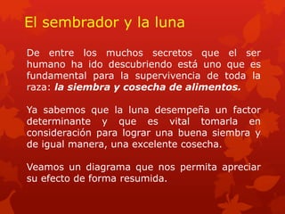 El sembrador y la luna 
De entre los muchos secretos que el ser humano ha ido descubriendo está uno que es fundamental para la supervivencia de toda la raza: la siembra y cosecha de alimentos. 
Ya sabemos que la luna desempeña un factor determinante y que es vital tomarla en consideración para lograr una buena siembra y de igual manera, una excelente cosecha. 
Veamos un diagrama que nos permita apreciar su efecto de forma resumida.  