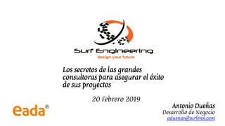 Los secretos de las grandes
consultoras para asegurar el éxito
de sus proyectos
20 Febrero 2019
Antonio Dueñas
Desarrollo de Negocio
aduenas@surfensl.com
 