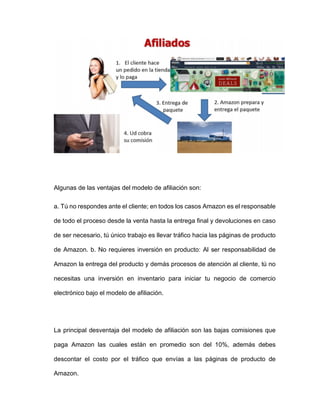 Algunas de las ventajas del modelo de afiliación son:
a. Tú no respondes ante el cliente; en todos los casos Amazon es el responsable
de todo el proceso desde la venta hasta la entrega final y devoluciones en caso
de ser necesario, tú único trabajo es llevar tráfico hacia las páginas de producto
de Amazon. b. No requieres inversión en producto: Al ser responsabilidad de
Amazon la entrega del producto y demás procesos de atención al cliente, tú no
necesitas una inversión en inventario para iniciar tu negocio de comercio
electrónico bajo el modelo de afiliación.
La principal desventaja del modelo de afiliación son las bajas comisiones que
paga Amazon las cuales están en promedio son del 10%, además debes
descontar el costo por el tráfico que envías a las páginas de producto de
Amazon.
 