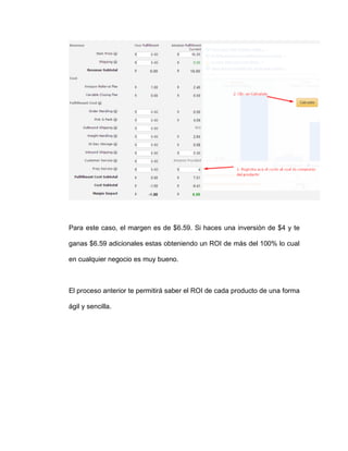 Para este caso, el margen es de $6.59. Si haces una inversión de $4 y te
ganas $6.59 adicionales estas obteniendo un ROI de más del 100% lo cual
en cualquier negocio es muy bueno.
El proceso anterior te permitirá saber el ROI de cada producto de una forma
ágil y sencilla.
 