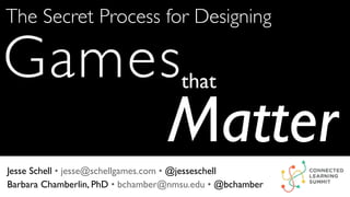 Games
The Secret Process for Designing
Matter
that
Jesse Schell • jesse@schellgames.com • @jesseschell
Barbara Chamberlin, PhD • bchamber@nmsu.edu • @bchamber
 