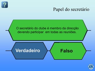 Papel do secretário
O presidente deverá informar o
secretário do que acontece nas
reuniões da diretoria, já que o
secretário não faz parte dela.
Verdadeiro Mentira
O secretário do clube é membro da direcção
devendo participar em todas as reuniões.
Falso
 
